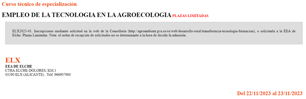  EMPLEO DE LA TECNOLOGIA EN LA AGROECOLOGIA (Fecha: del 22 al 23 de noviembre)